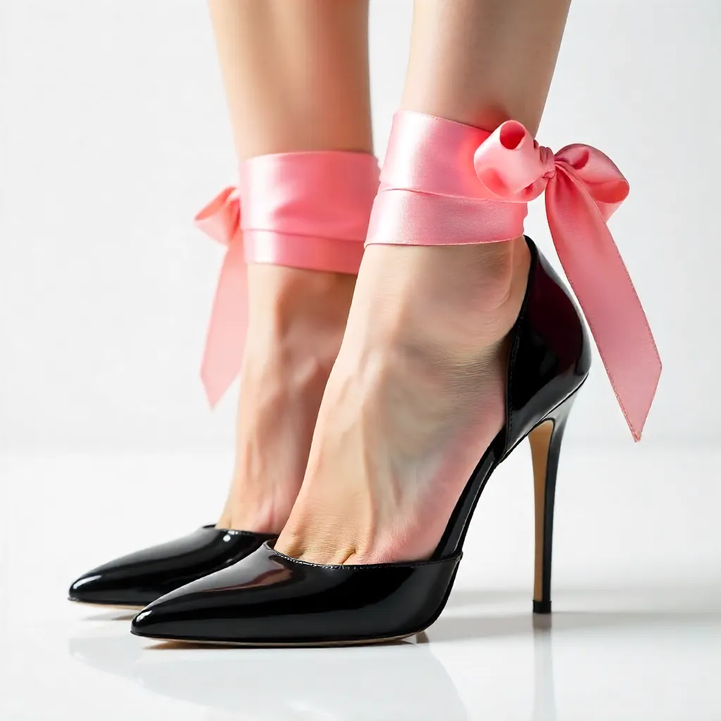 Black Pointed Heels with Pink Ribbons on White