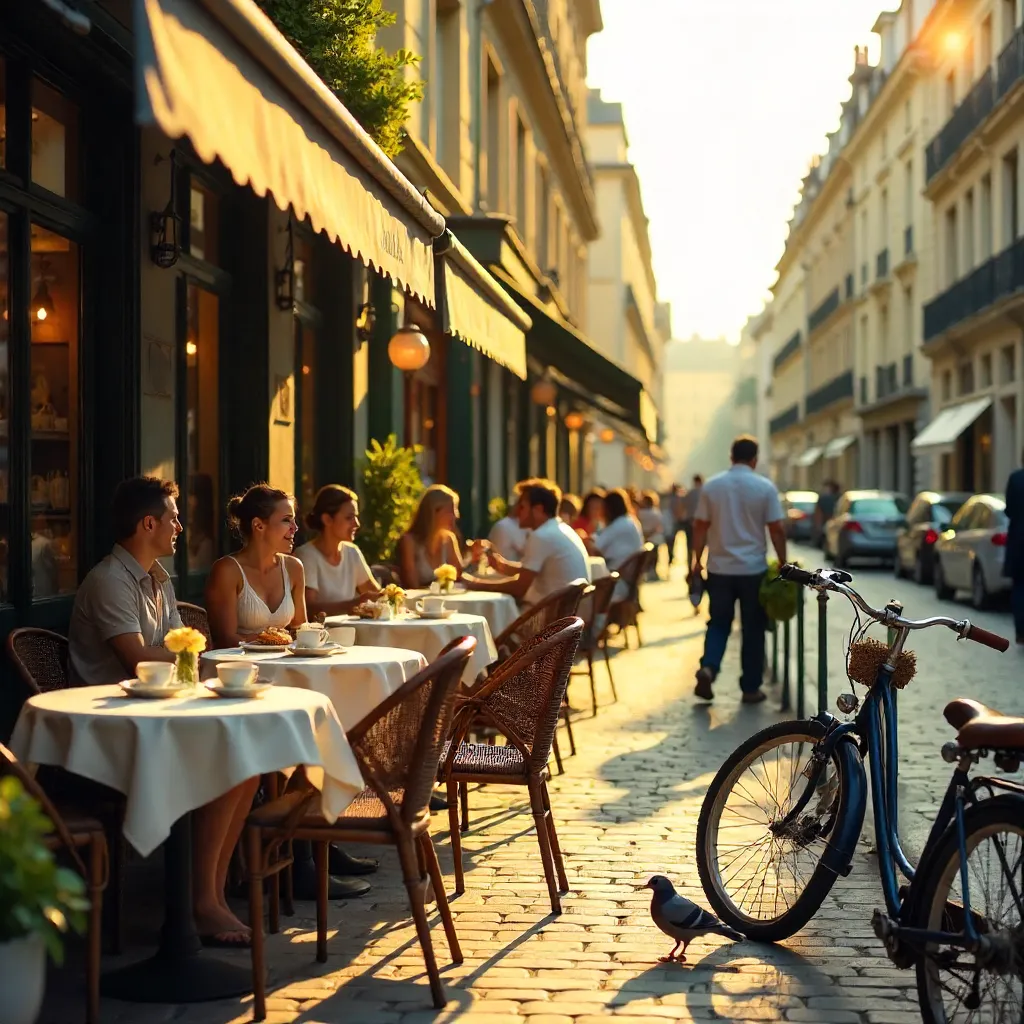 Sunlit Paris Outdoor Café Scene with Bicycles