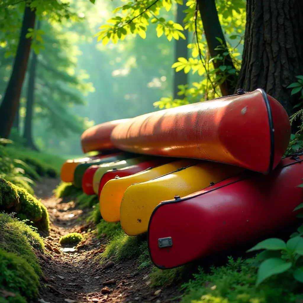 Vibrant Red and Yellow Canoes in a Lush Forest