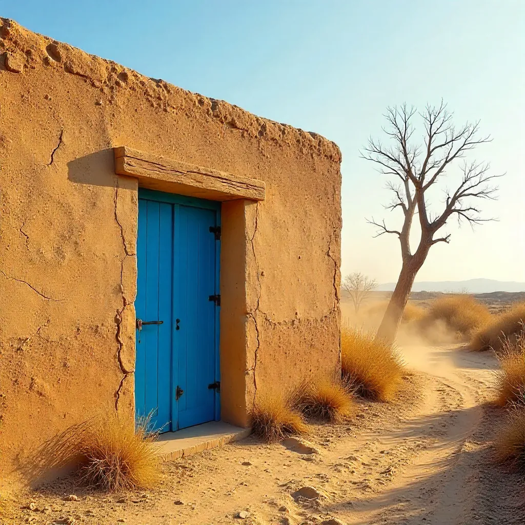 Blue Door on a Rustic Mud Wall