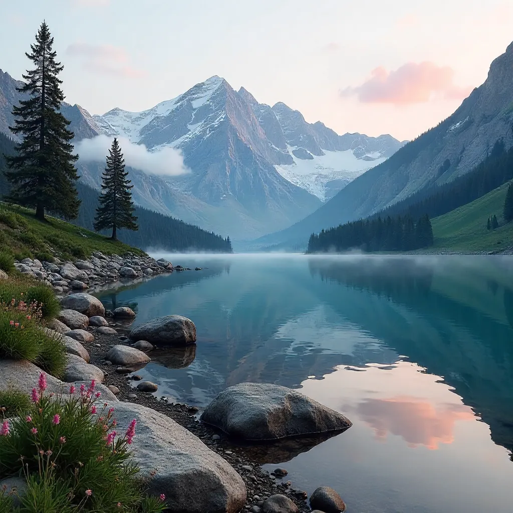 Tranquil Alpine Lake with Rocky Shore and Mountains