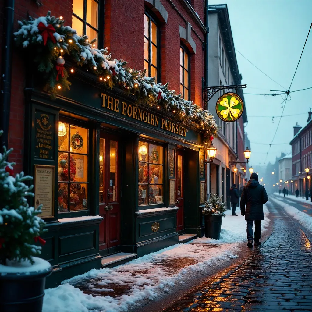 Wintry Irish Pub Exterior in Gothenburg