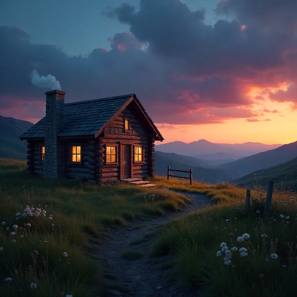 Twilight Rustic Cabin Over Open Grassland