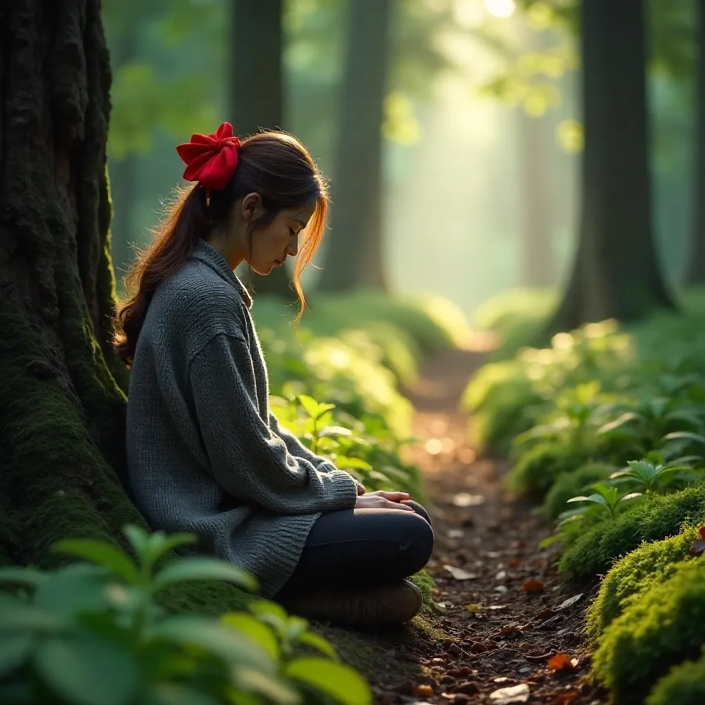 Peaceful Forest Path: Woman in Gray Sweater with Red Bow