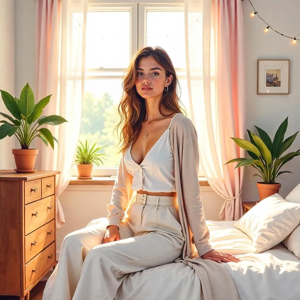Watercolor Portrait: Stylish White Woman in a Cozy Bedroom