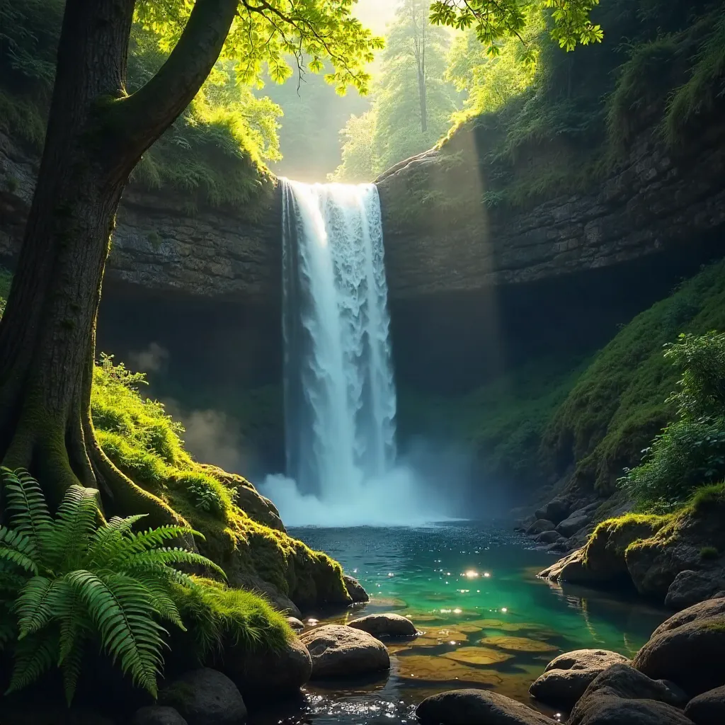 Hidden Waterfall in a Lush Forest Bathed in Natural Light