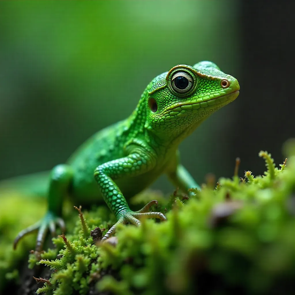 Close-Up of a Green Basilisk on Moss