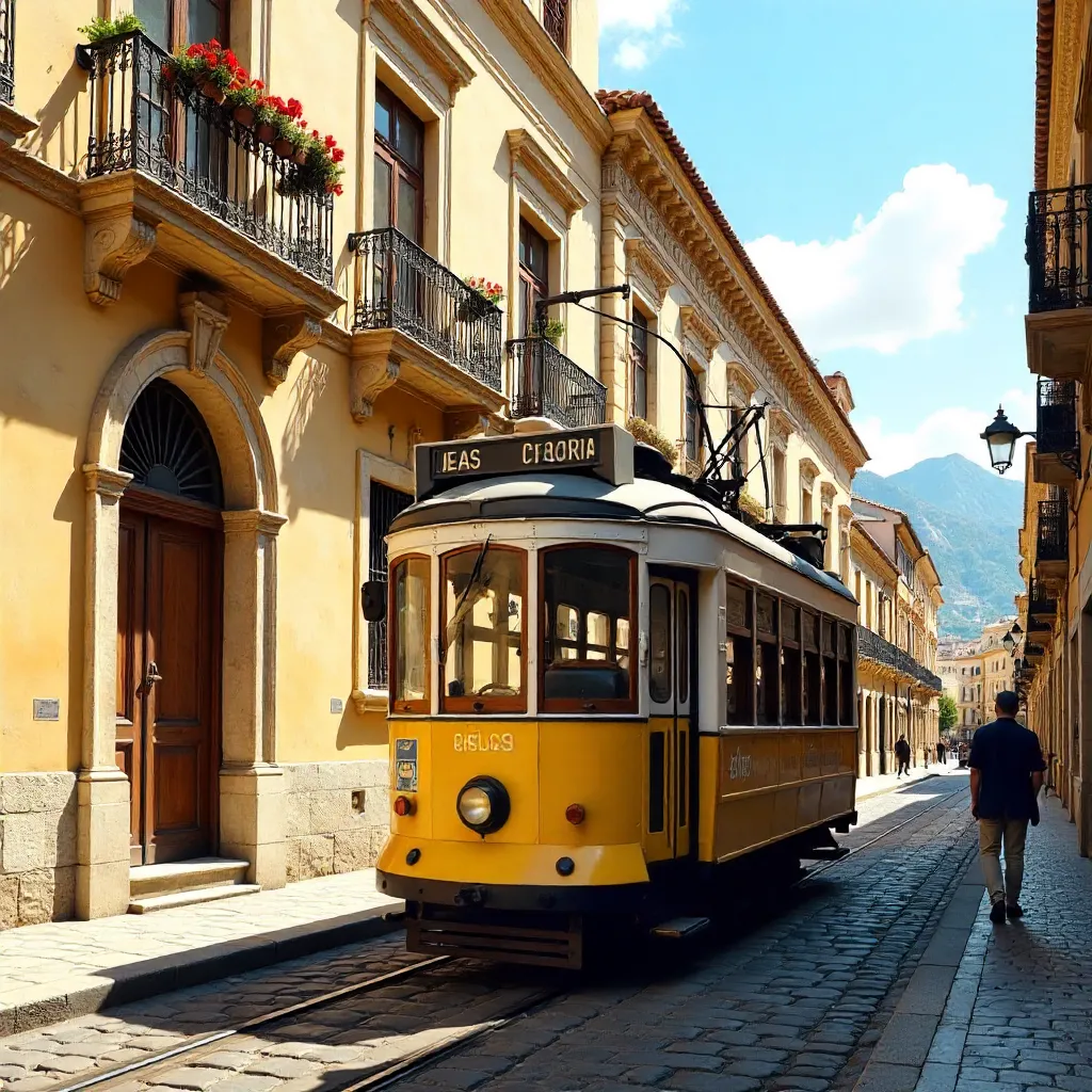 Historic Sóller Tram Before Stone Building, Mallorca