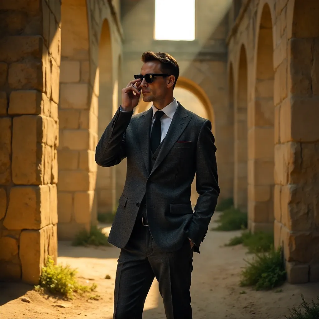 Dramatic Suit in Sunlit Rustic Ruins