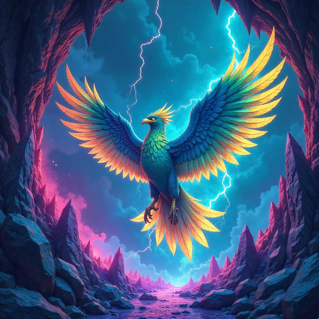 Thunderbird in a Neon Crystal Cavern