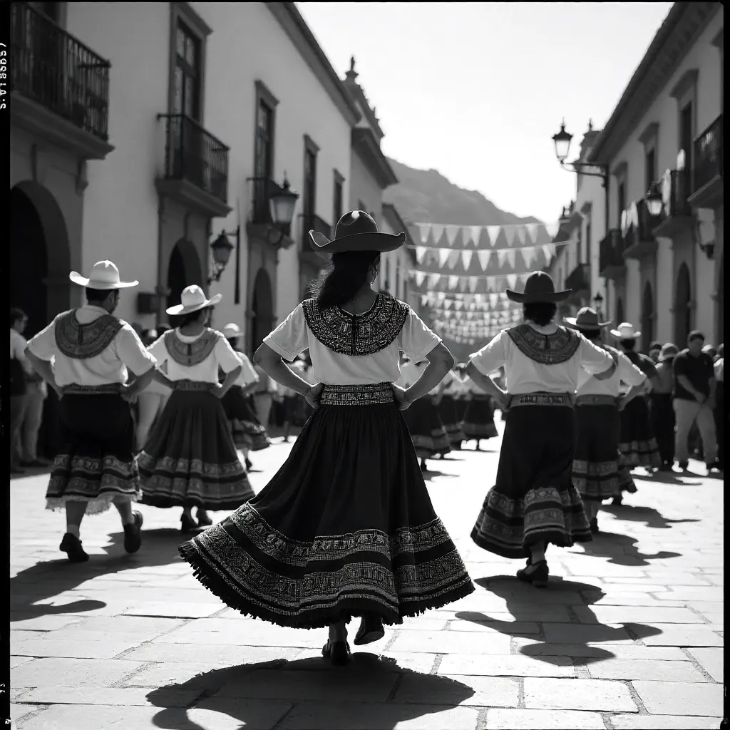 Monochrome Oaxaca Dance in Sombreros and Traditional Attire