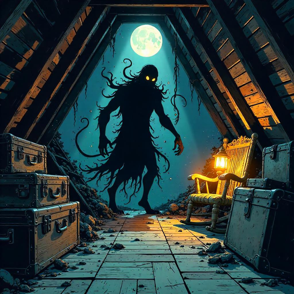 Shadow Creature in the Attic: A Comic Book Scene