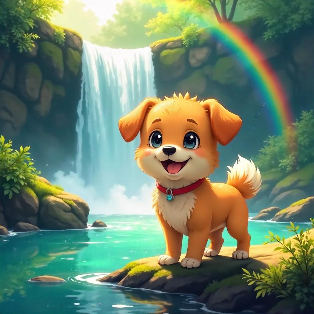 Adventurous Anime Dog by a Misty Waterfall