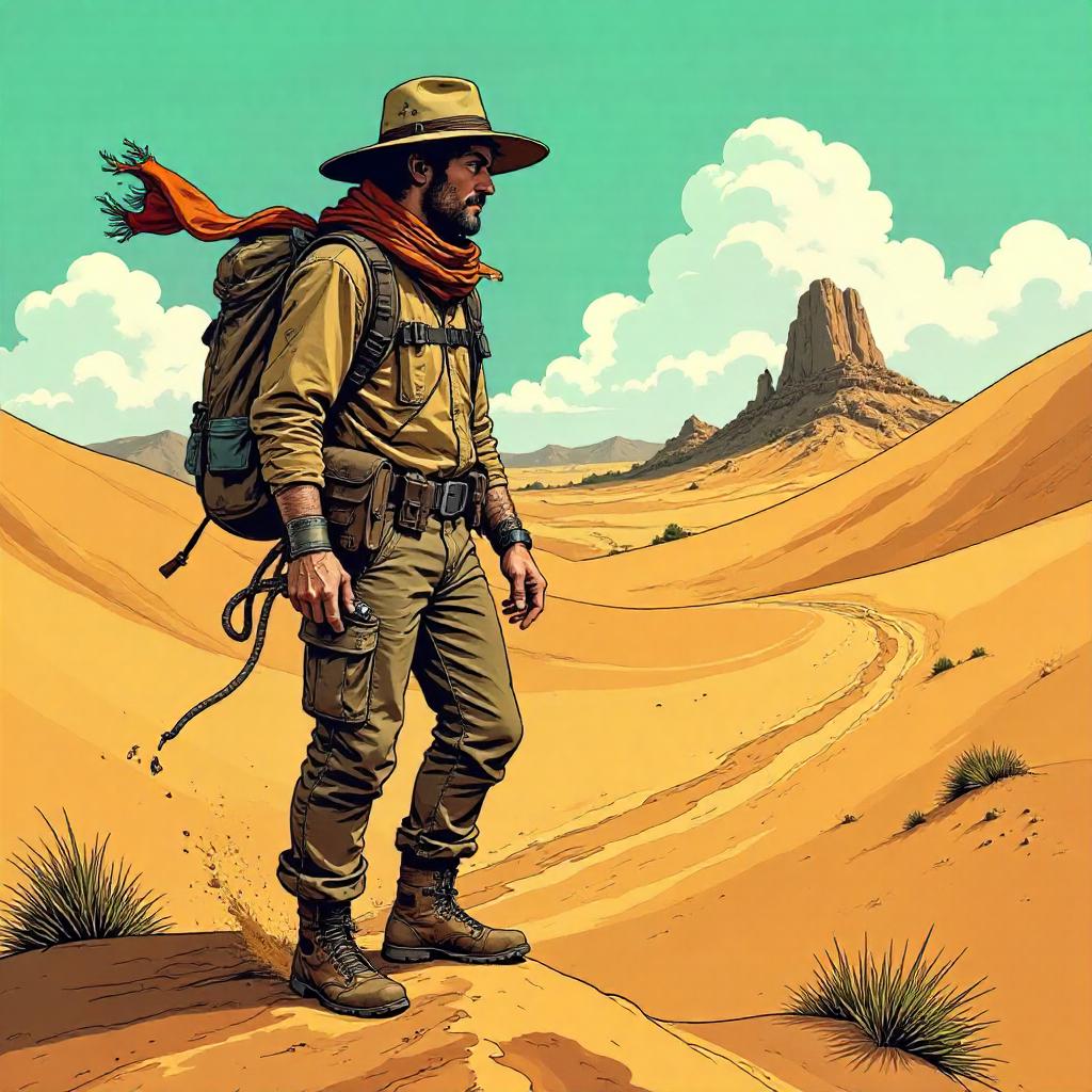 Desert Odyssey: Comic-Style Explorer in Dunes