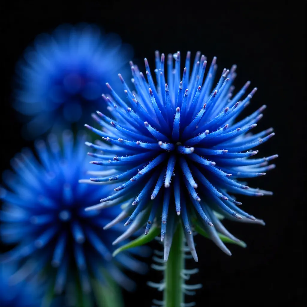 Macro Blue Globe Thistle in Velvet Darkness
