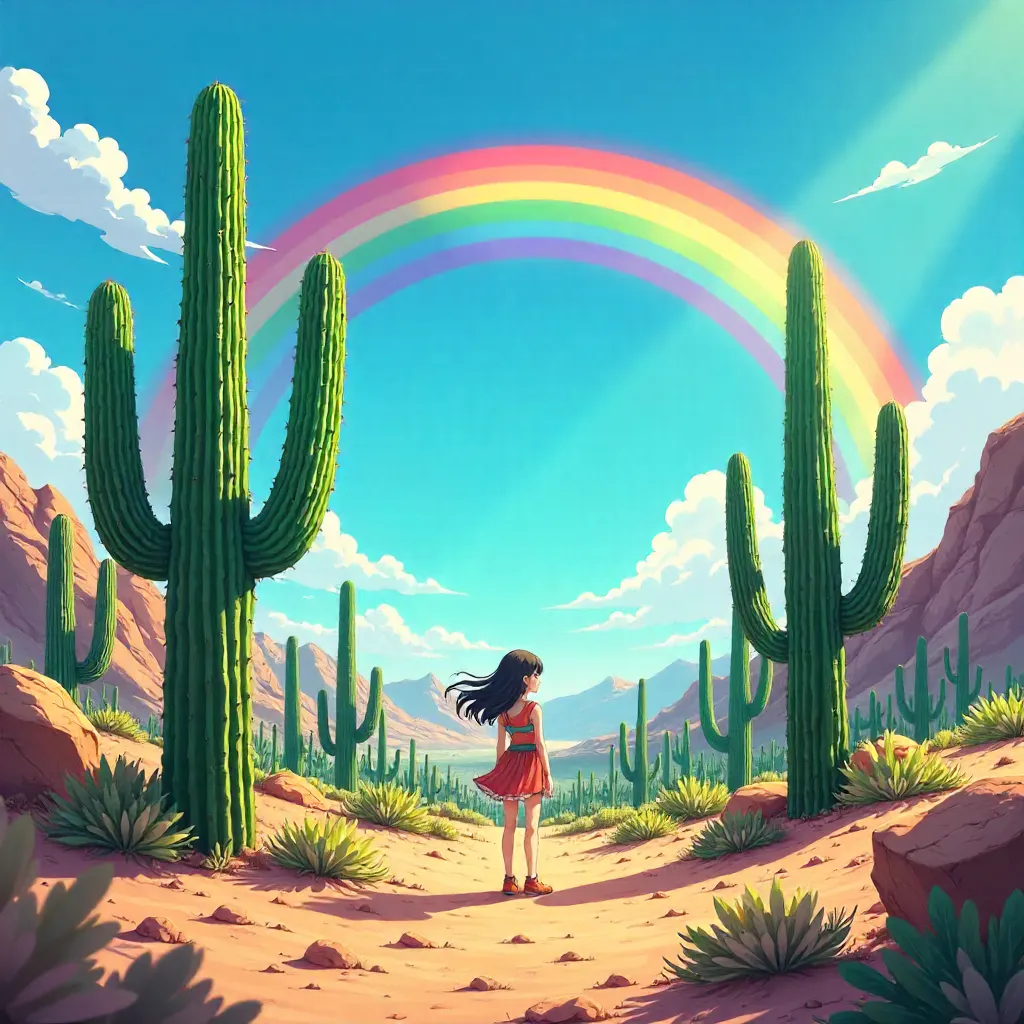 Rainbow Oasis Among the Cacti - Anime Style