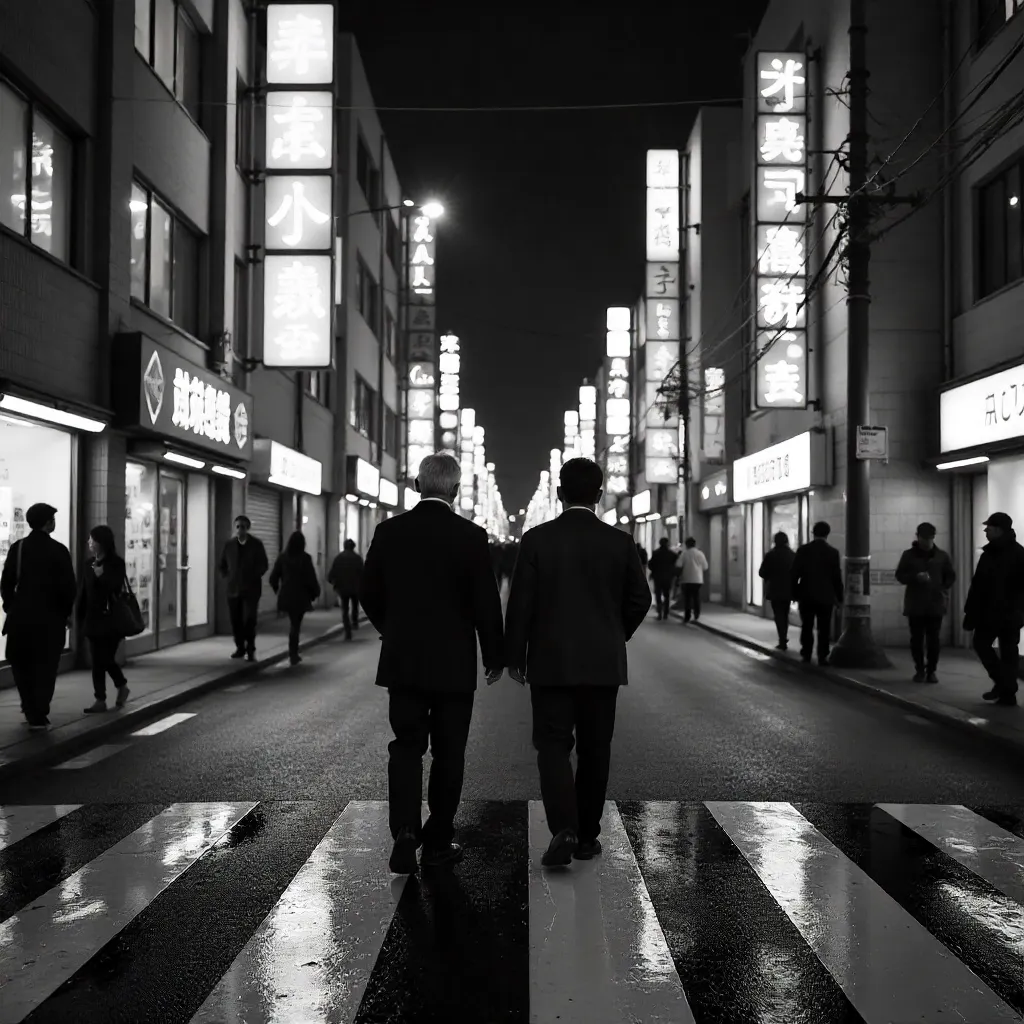 Two Adults Crossing a Monochrome Japanese Street