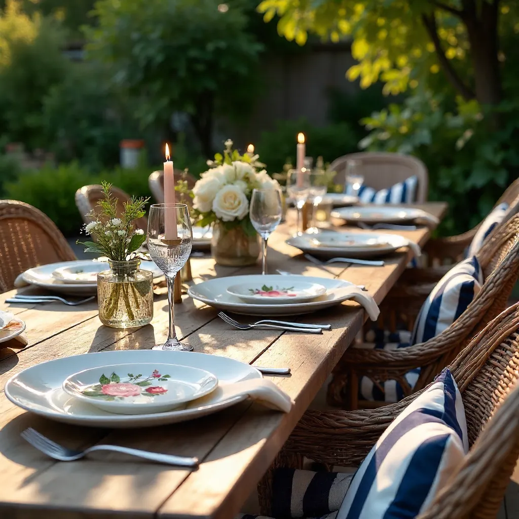 Stylish Outdoor Dining: Floral Plates & Striped Cushions