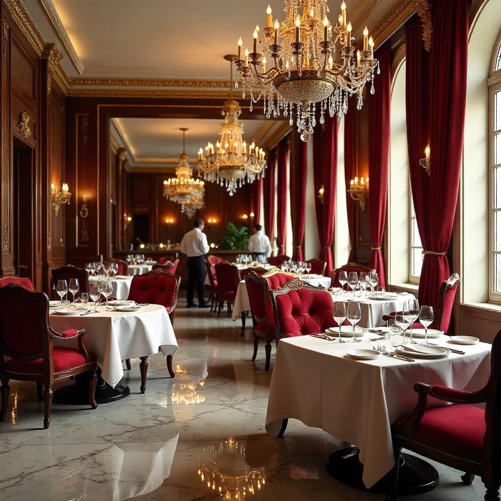Luxurious Dining Room in Vonnas: Red Chairs and Chandeliers