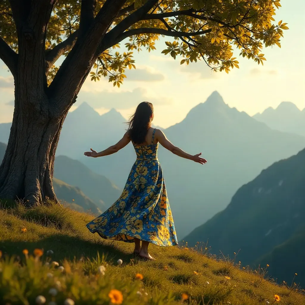 Woman in a Patterned Dress Under a Tree Overlooking Mountains