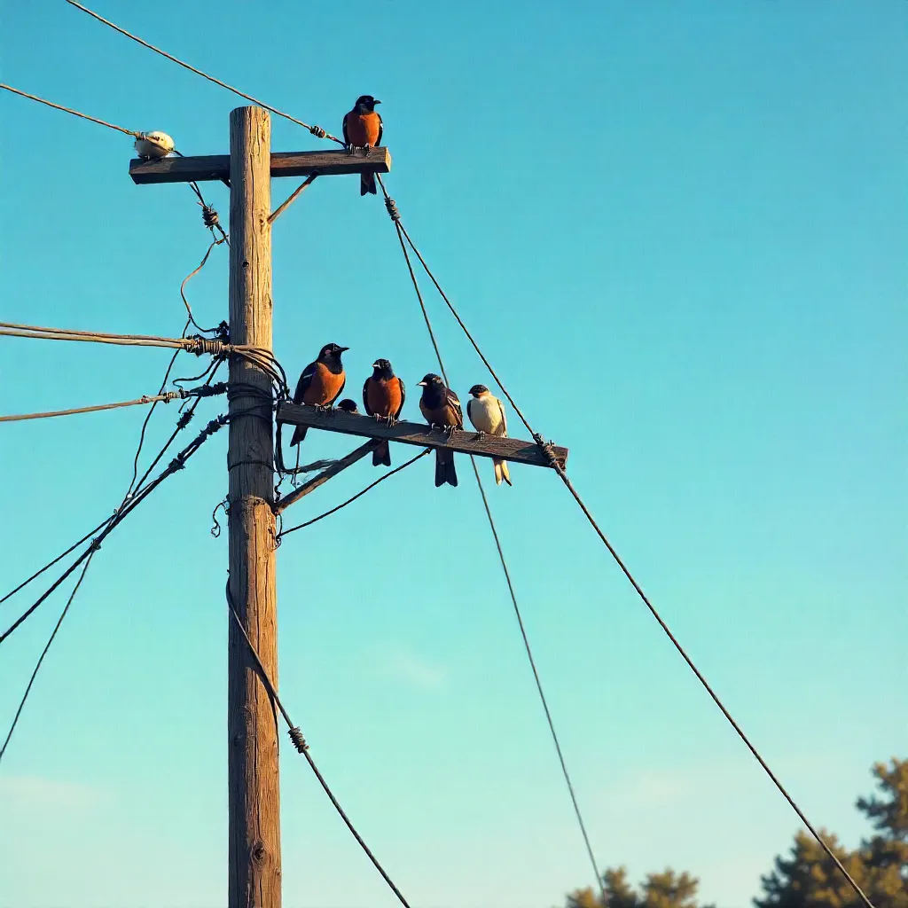 Birds Resting on a Utility Pole under Clear Blue Sky
