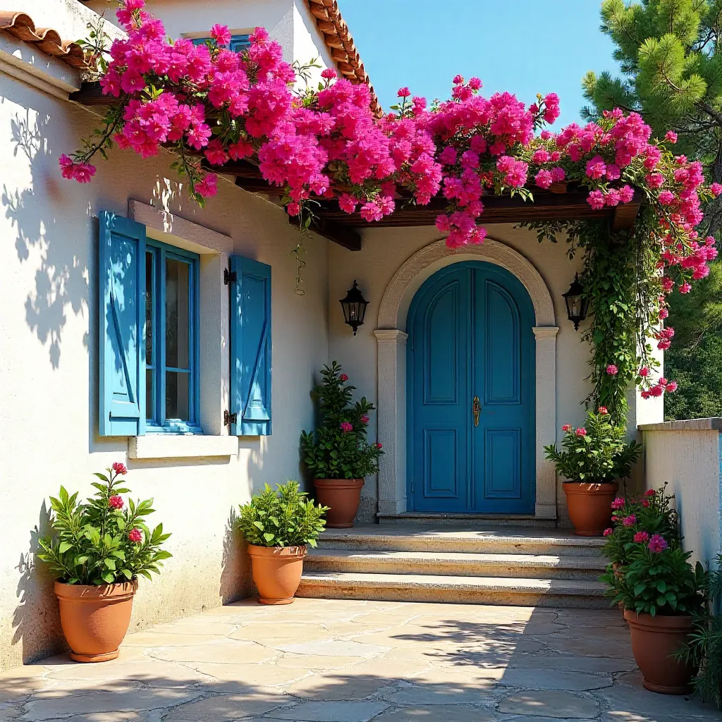 Sunlit Mediterranean Villa Facade with Bougainvillea