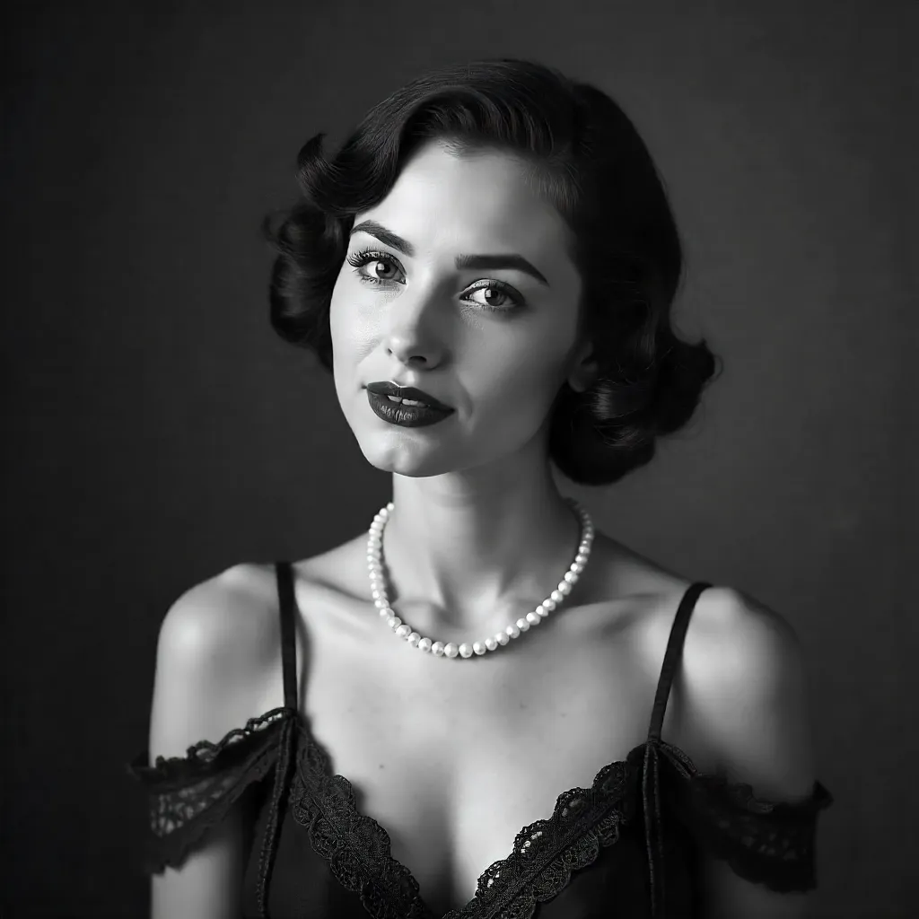 Elegant Vintage Black-and-White Portrait with Pearl Necklace