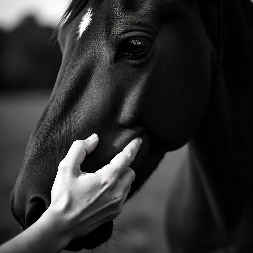 Close-Up Bond: Hand Touching a Horse's Face