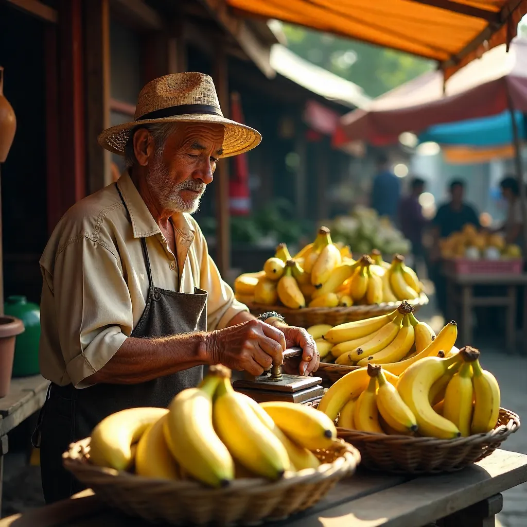 Elderly Banana Vendor in a Sunlit Asian Market