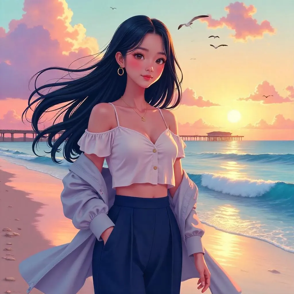 Sunset by the Ocean: Stylish Asian Anime Girl