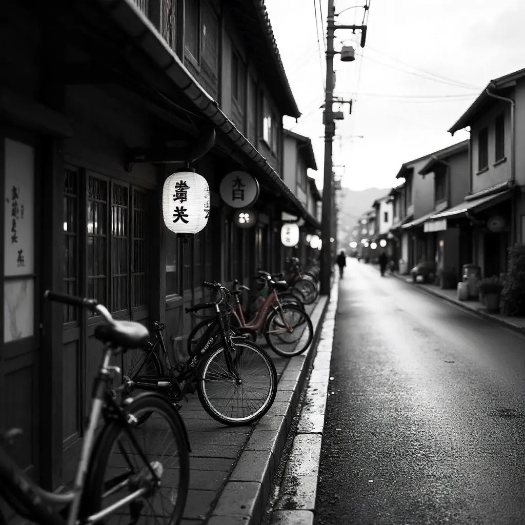 Monochrome Japanese Street: Traditional Shops and Bicycles