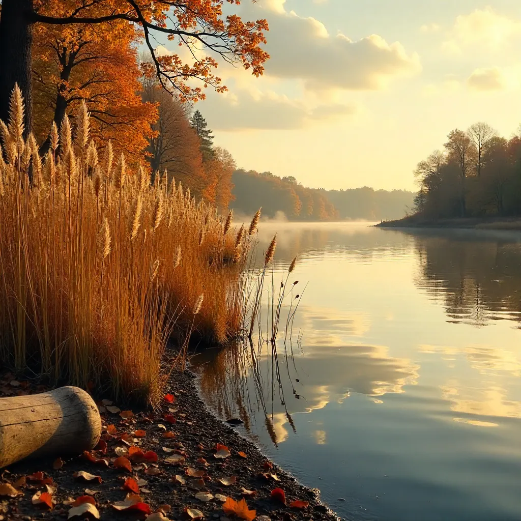 Golden Reeds by a Calm Autumn Riverbank