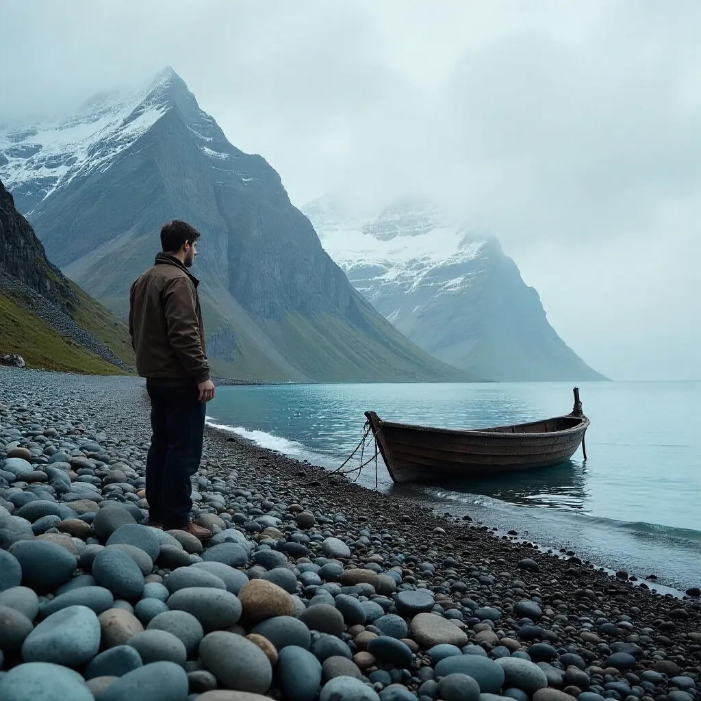 Lone Fisherman on Pebble Beach Under Majestic Mountains