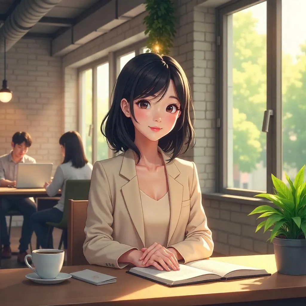 Beautiful Adult Asian Woman in Anime Coworking Space