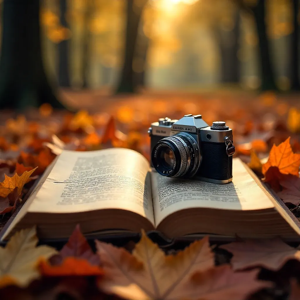 Open Book and Camera on Autumn Leaves: Cozy Fall Reading