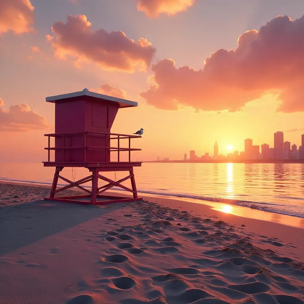Sunset Serenity: Lifeguard Tower with City Skyline