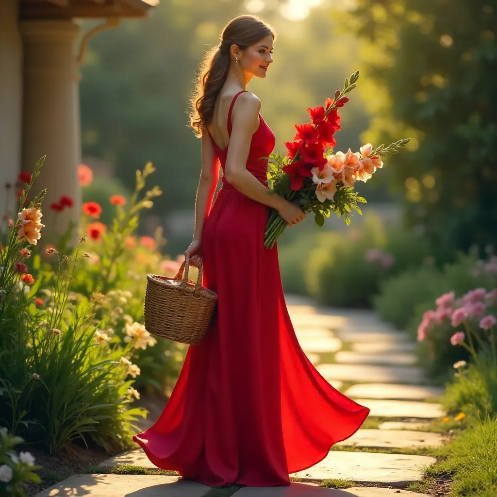Elegant Red-Dressed Woman with Gladiolus Outdoors
