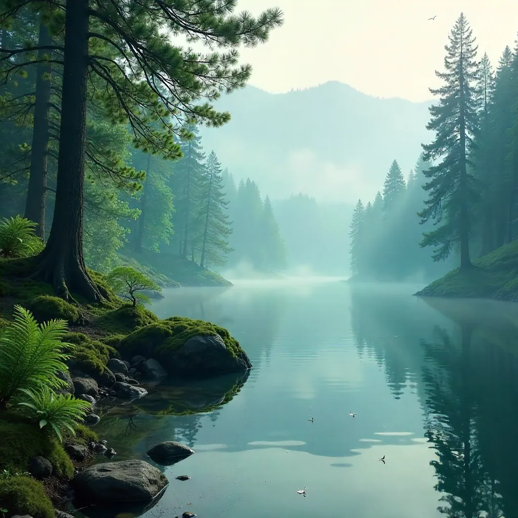 Tranquil Misty Forest Lake Landscape