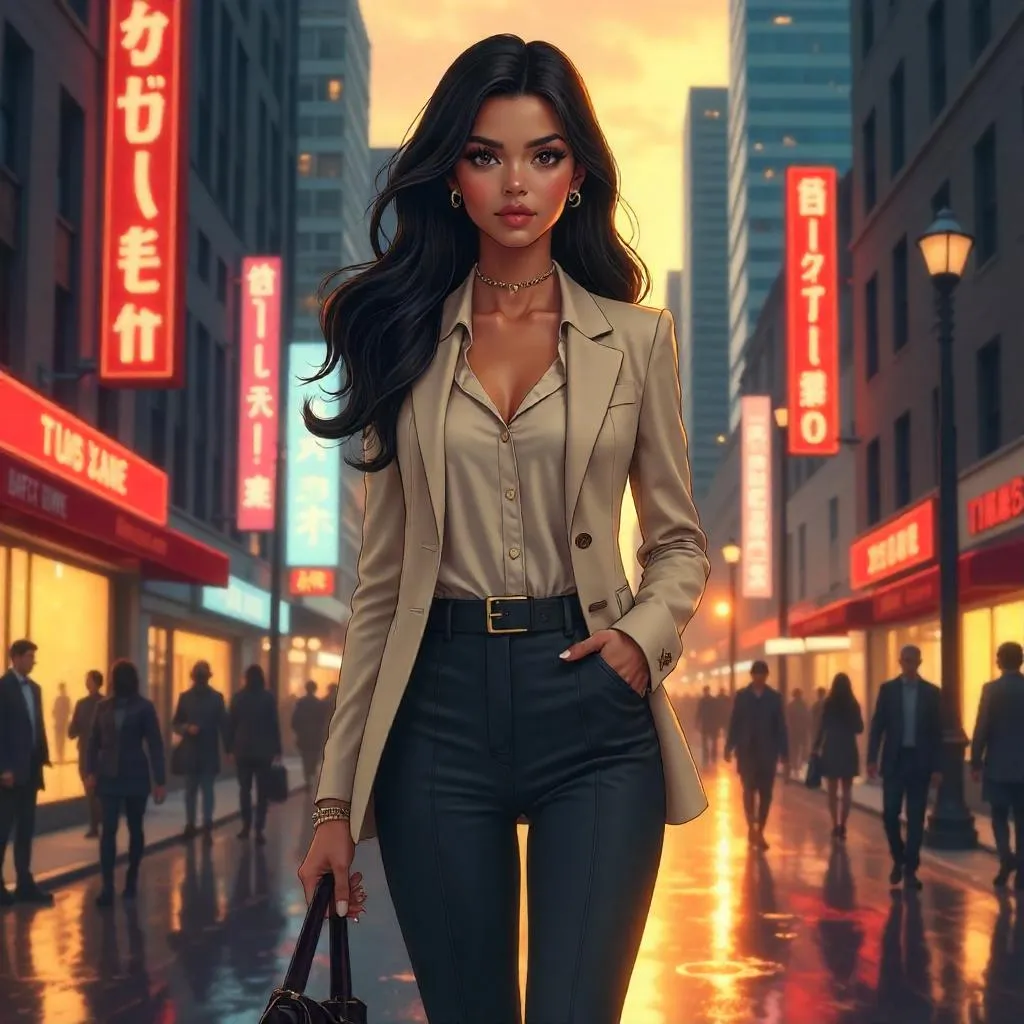 Elegant Latina Woman in Anime Downtown