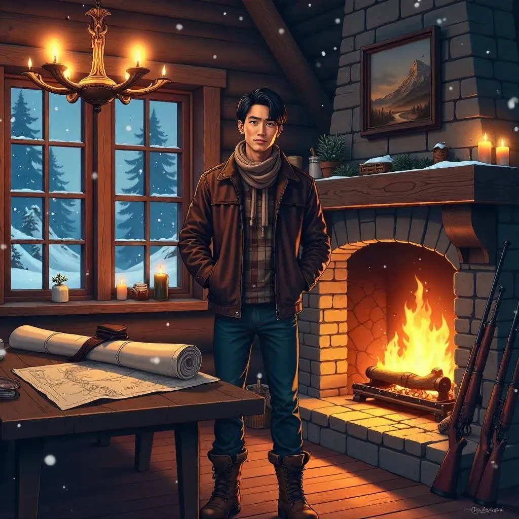Handsome Asian Man in a Cozy Hunting Lodge