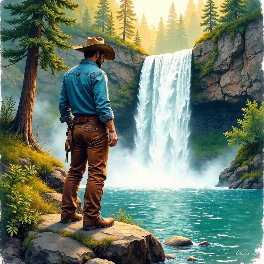 Watercolor Cowboy by a Misty Waterfall