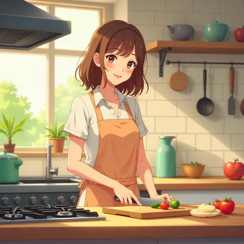 Anime Kitchen Portrait of a Young Caucasian Woman