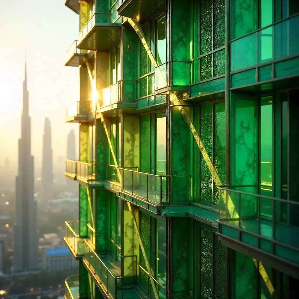 Dubai Skyscraper Facade: Vibrant Green Accents