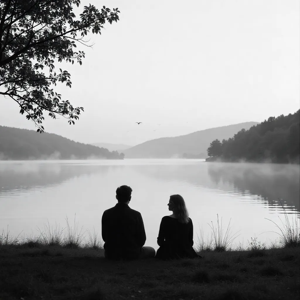 Two Souls Apart in a Serene Black-and-White Landscape