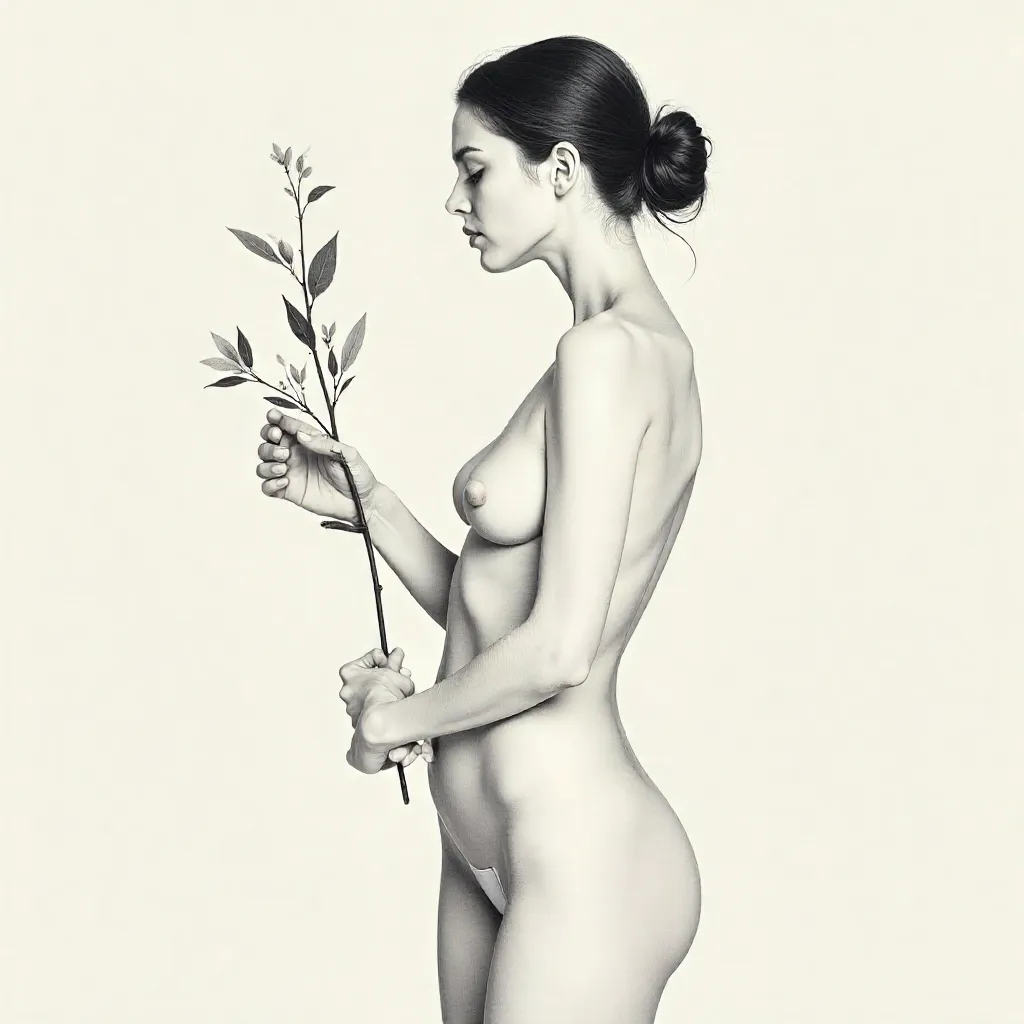 Minimalist Nude Portrait with Branch on White