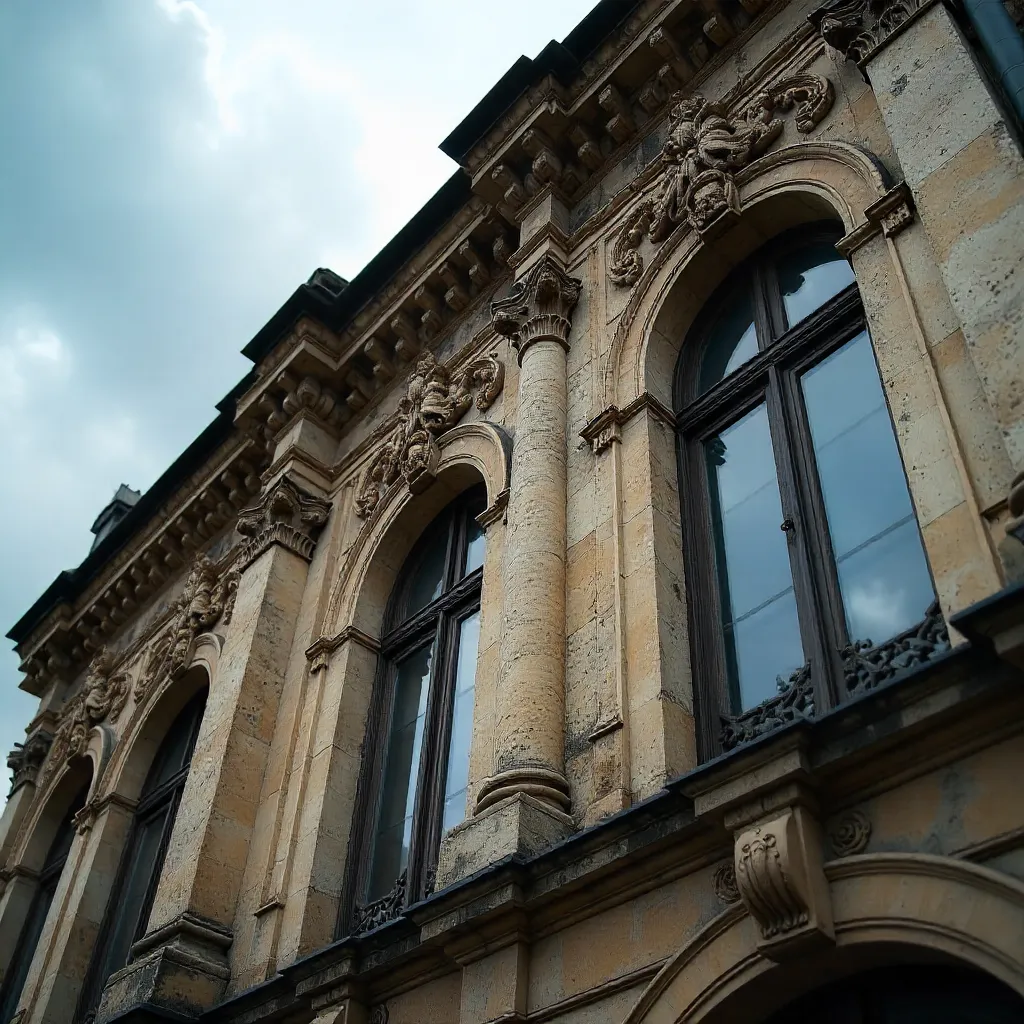 Close-Up of Lviv's Historic Facade Under Clouds