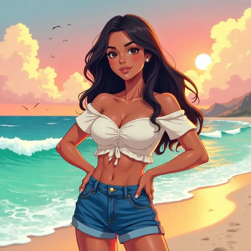 Confident Latina by the Ocean - Anime Style