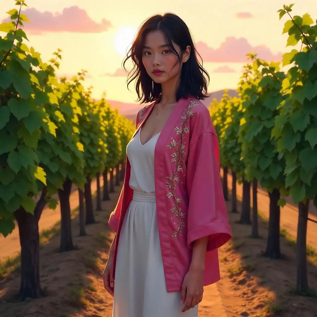 Vibrant Concept Art: Stylish Asian Girl in a Vineyard