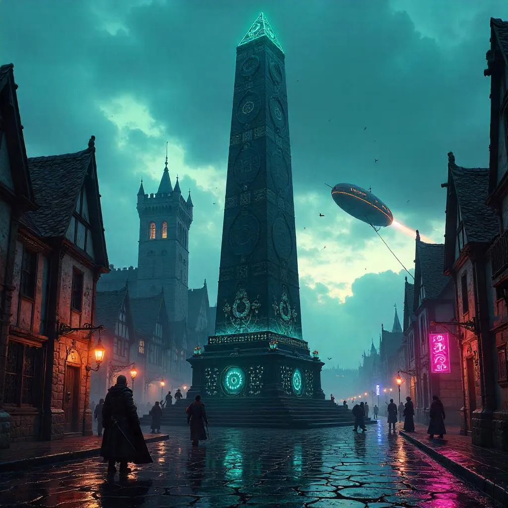 Neon Obelisk in a Medieval Cyberrealm