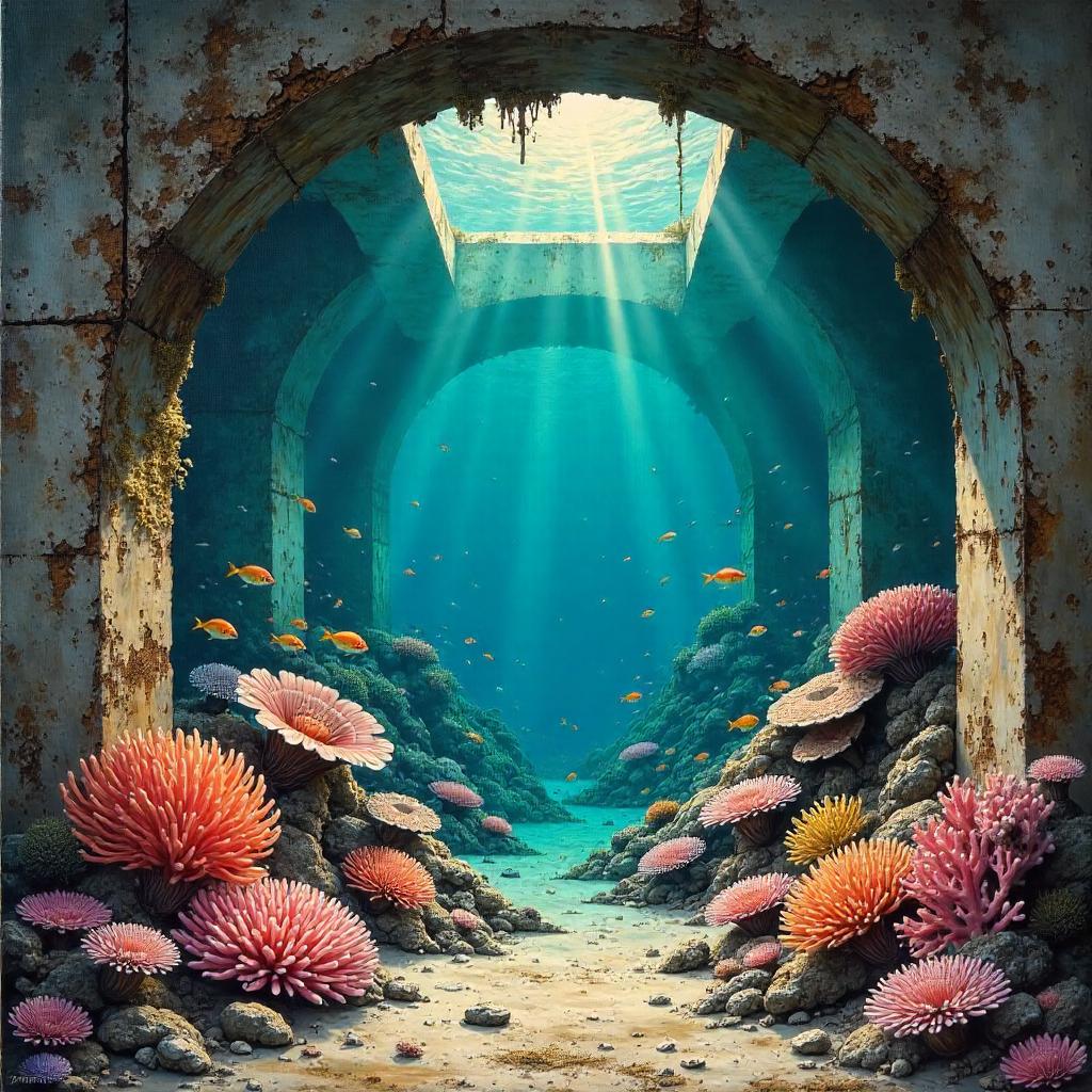 Coral Reef in a Concrete Bunker: An Oil Painting